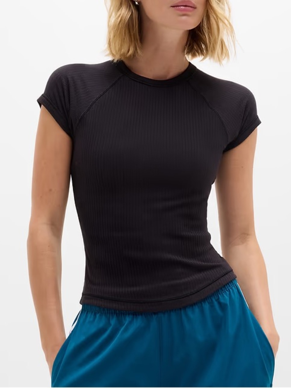 Athleta Black Ribbed Cap-Sleeve Crewneck Tee